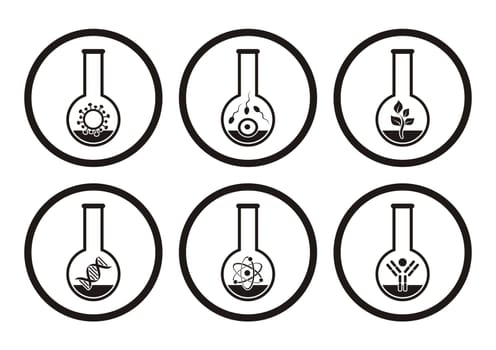 Black molecular biology science icons in test tubes