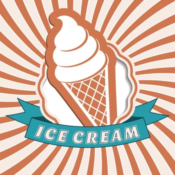 Ice cream vintage label on brown sunrays background
