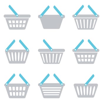 Grey and blue shopping basket icons collection isolated