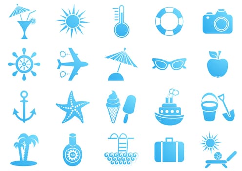 Blue vector summer icons collection on white background