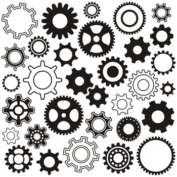 Various gear wheel collection black vector silhouette