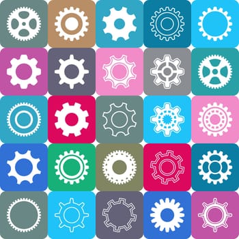 Various gear wheel collection in colorful rounded squares