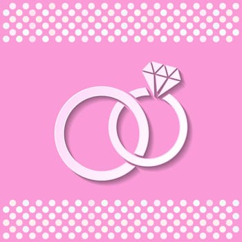 Pink card with white wedding rings with shadow