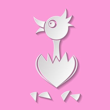 White cute chicken in heart shaped eggshell