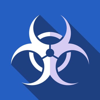 White vector biohazard symbol on blue flat design