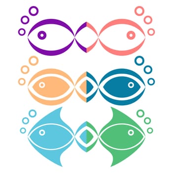 Various colorful fish icons with bubbles on white