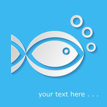 White fish icon with bubbles on blue background