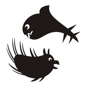Two black vector silhouette funny fish monsters isolated