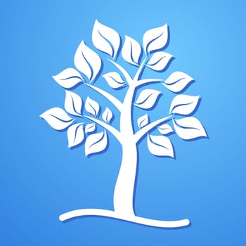 White beautiful tree with leaves on blue background
