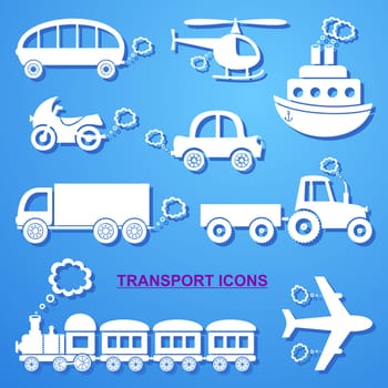 White means of transport icons on blue background