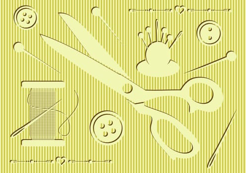 Retro vintage vector sewing icons on striped background