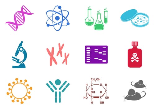 Set of twelve colorful molecular biology science icons