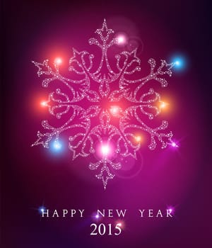 Happy new year 2015 elegant greeting card or poster design with snowflake stars and unfocused lights background. EPS10 vector file with transparency layers.
