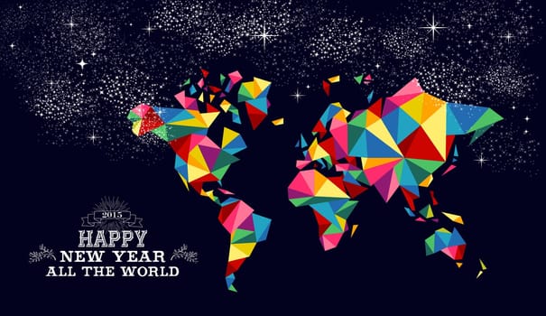 Happy new year 2015 greeting card or poster design with colorful triangle world map and vintage label illustration. EPS10 vector file.