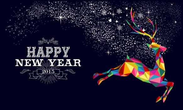Happy new year 2015 greeting card or poster design with colorful triangle reindeer and vintage label illustration. EPS10 vector file.