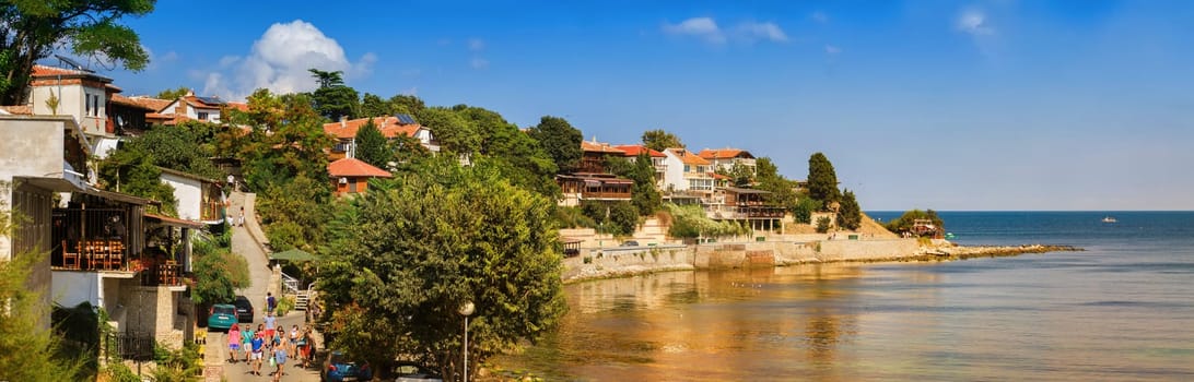 Nesebar, Bulgaria - August 30, 2013: Seaside resort and ancient old town Nesebar in Bulgaria. Bulgarian Black Sea Coast. UNESCO world heritage site. Panoramic shot.