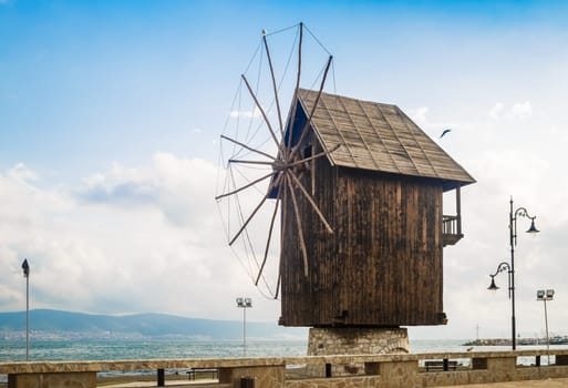 Nesebar, Bulgaria - September 05, 2014: Old windmill in the ancient town of Nesebar in Bulgaria. Bulgarian Black Sea coast. UNESCO world heritage site.