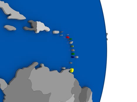 Flag of Caribbean on simple globe with grey countries and blue ocean. 3D illustration