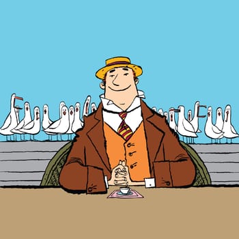 joyful retro man in a restaurant by the sea, cartoon style vector illustration. Seagull