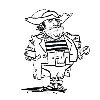 Funny pirate captain, cartoon style vector illustration. Black and white image
