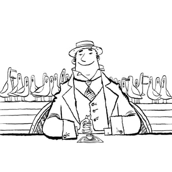 joyful retro man in a restaurant by the sea, cartoon style vector illustration. Seagull