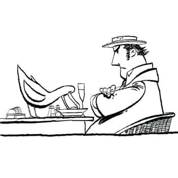 Bird eating food from the plate, cartoon style vector illustration. Street restaurant