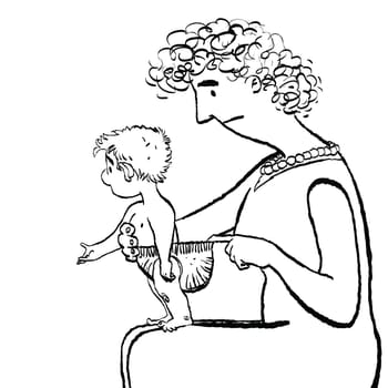 Mom changes baby diaper, cartoon style vector illustration