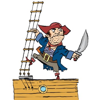 Brave pirate is on Board the ship, cartoon style vector illustration