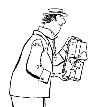 retro man gives a gift, cartoon style vector illustration. Birthday or holiday