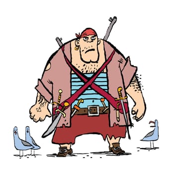 Huge funny pirate and seagulls, cartoon style vector illustration