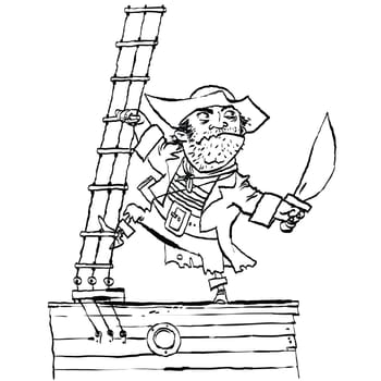 Brave pirate is on Board the ship, cartoon style vector illustration
