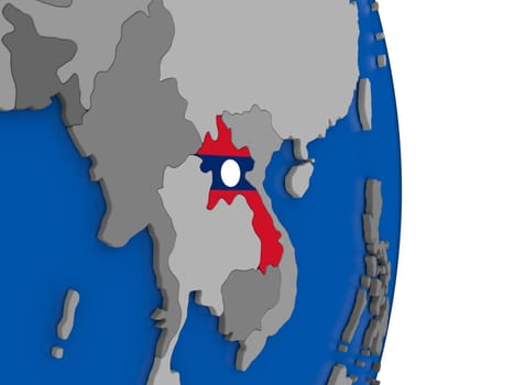Flag of Laos on simple globe with grey countries and blue ocean. 3D illustration