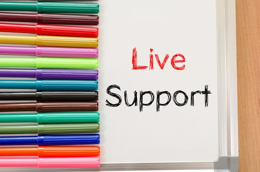 Felt-tip pen and whiteboard on a wooden background and text concept