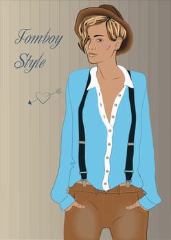 Cute Hipster Girl. Blue shirt, brown hat, brown jeans, black suspenders. Vintage look. Tomboy style. Illustration