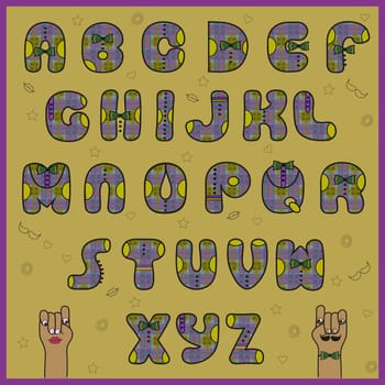 Hipster Alphabet. Letters with shirts and ties. Hipster Font. Dressed letters. Unusual shape. Cartoon hands looking at each other. Illustration.