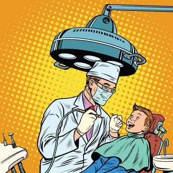Dentist treats teeth boy. Pop art retro vector illustration. Medicine and health care. happy patient