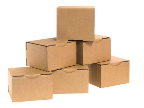 Six stacked small brown cardboard boxes insulated on white.
