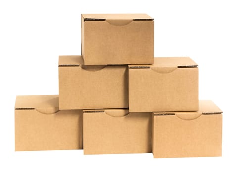 Six stacked small brown cardboard boxes insulated on white.