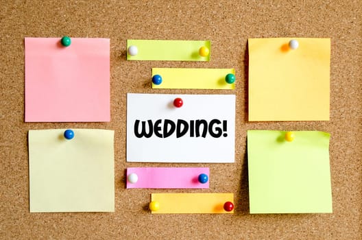 Sticky note on cork board background and text concept