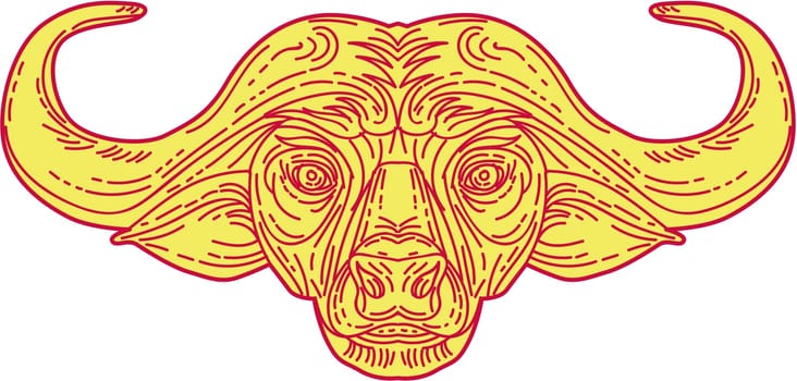 Mono line style illustration of an African buffalo or Cape buffalo (Syncerus caffer), a large African bovine head viewed from front set on isolated white background.