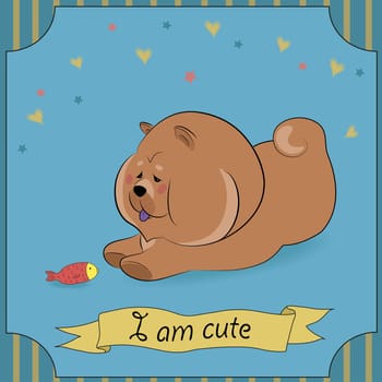 Cute dog chow-chow with small red fish. I am cute inscription. Yellow banner. Colorful stars and hearts with blue background. Vintage card. Illustration.