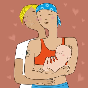 Two happy lesbian moms. Gay family. Women with baby. Illustration