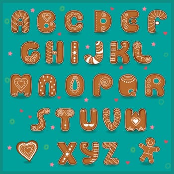 Festive font. Funny cookies. Gingerbread alphabet. Illustration.