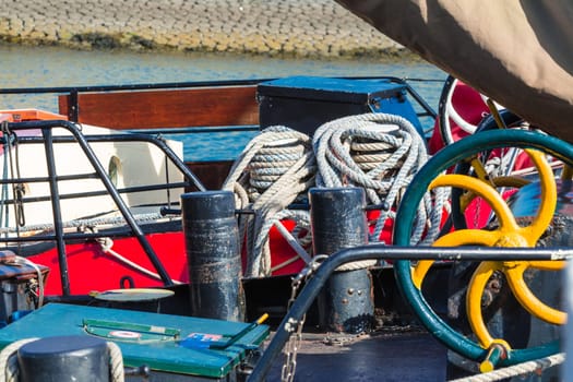 View of the deck from an antique steel sailing ship in Holland.