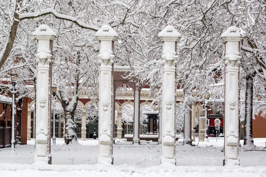 Ankeny Square in the old town in Portland, Oregon after a huge snowstorm