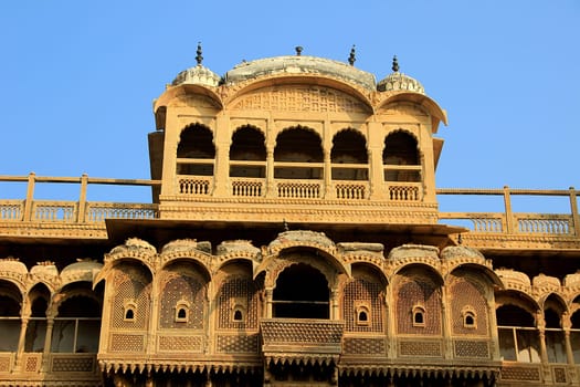 Top portion of facade of Haweli at Jaisalmer Fort in Jaisalmer, Rajasthan, India, Asia