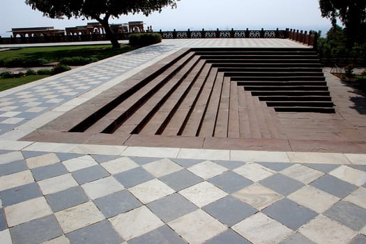 View of stone steps and tiled platform at Jaswanth Thada in Jodhpur, Rajasthan, India, Asia