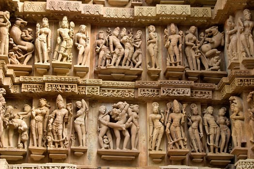 Sculptured wall panel at Lakshman Temple, under Western Group of Temples, in Khajuraho, Madhya Pradesh, India, Asia