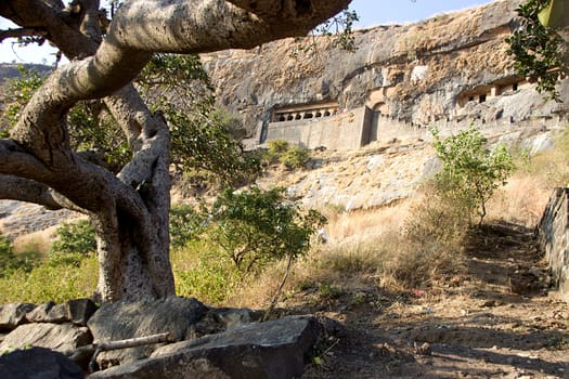 View of cave housing Girijatmak Vinayaka Temple at Lenhadri in Maharashtra, India, Asia