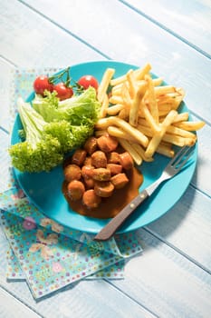 Currywurst with fries,fast food